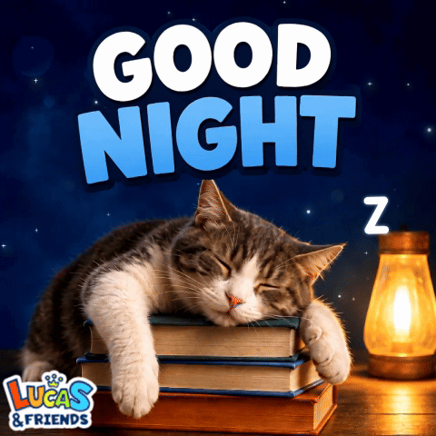 A Cat Is Sleeping On Top Of A Stack Of Books With The Words Good Night Lucas & Friends Below It GIF