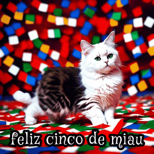 A Cat Is Standing On A Blanket With The Words Feliz Cinco De Miau Above It GIF