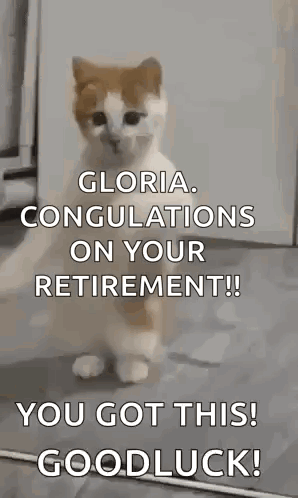 A Cat Is Standing On Its Hind Legs And Says `` Gloria , Congratulations On Your Retirement ! `` GIF