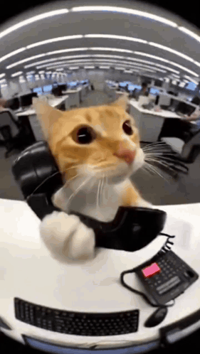 A Cat Is Talking On A Telephone While Sitting At A Desk . GIF