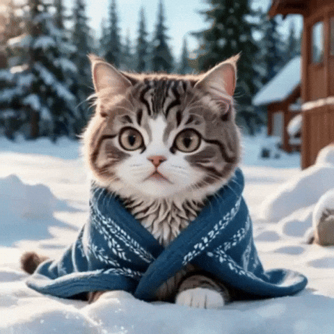 A Cat Is Wrapped In A Blue Blanket And Laying In The Snow GIF
