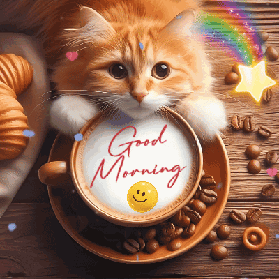 A Cat Laying On Top Of A Cup Of Coffee With The Words Good Morning Written On It GIF