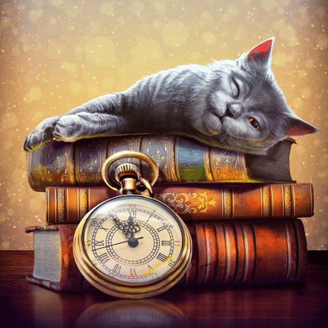 A Cat Laying On Top Of A Stack Of Books Next To A Pocket Watch With Roman Numerals GIF