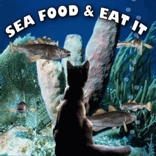 A Cat Looking At Fish In A Sea Food And Eat It Poster GIF