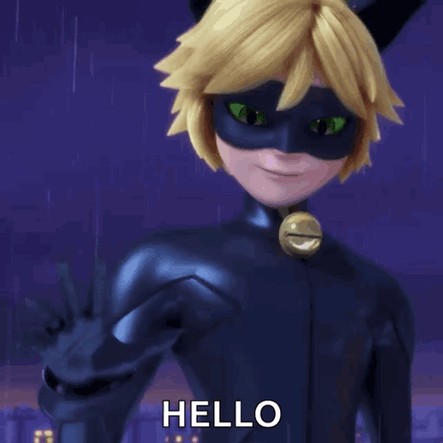 A Cat Noir Cartoon Character Says Hello In A Purple Background GIF