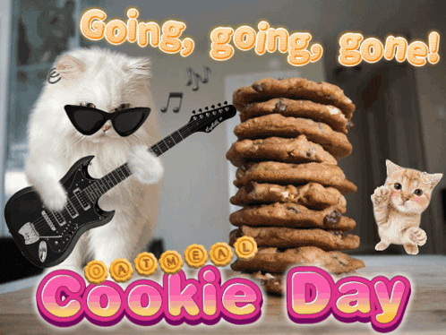 A Cat Playing A Guitar Next To A Stack Of Cookies With The Words Cookie Day Below It GIF
