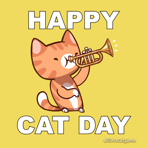 A Cat Playing A Trumpet With The Words Happy Cat Day GIF