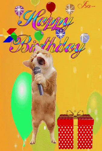 A Cat Singing Into A Microphone In Front Of Balloons And The Words Happy Birthday GIF