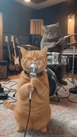 a cat singing into a microphone with another cat playing drums in the background