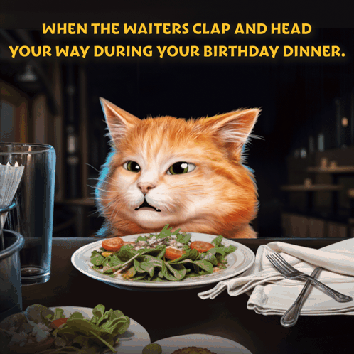 A Cat Sitting At A Table With A Plate Of Food And The Words " When The Waiters Clap And Head Your Way " GIF