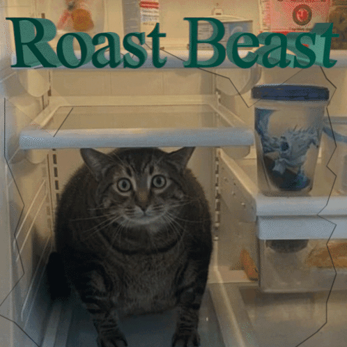 A Cat Sitting In An Empty Refrigerator With The Words Roast Beast Written Above It GIF