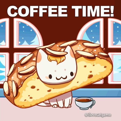A Cat Sitting On Top Of A Pastry With The Words Coffee Time Written On It GIF