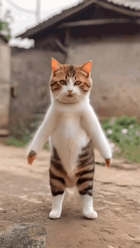 A Cat Standing On Its Hind Legs With Its Arms Outstretched . GIF
