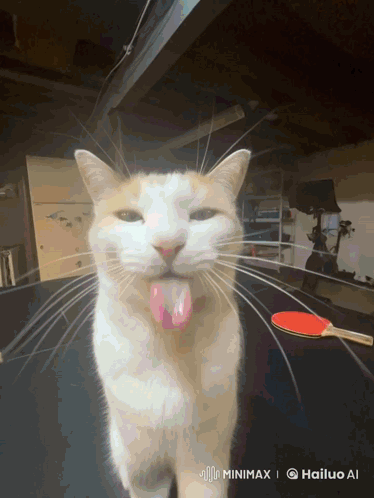 A Cat Sticking Its Tongue Out In Front Of A Ping Pong Paddle With The Hashtag Minimax On The Bottom Right GIF