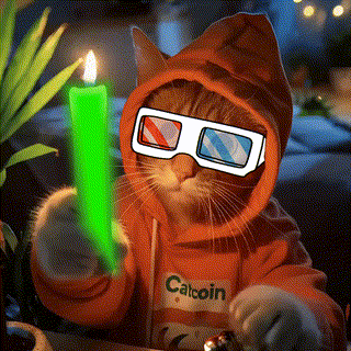 A Cat Wearing 3D Glasses And A Catcoin Hoodie Holds A Green Candle GIF