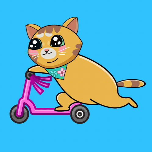 A Cat Wearing A Bandana Is Riding A Pink Scooter On A Blue Background GIF