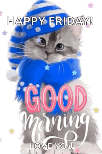 A Cat Wearing A Blue And White Striped Hat And Scarf Is Saying `` Happy Friday ! Good Morning , Love You '' . GIF