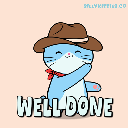 A Cat Wearing A Cowboy Hat And A Red Scarf Says Well Done GIF