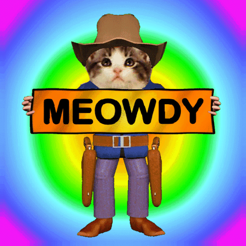 A Cat Wearing A Cowboy Hat Holds A Sign That Says Meowdy GIF