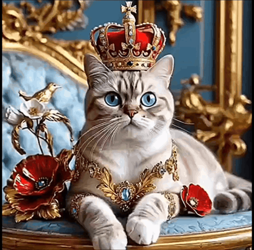 A Cat Wearing A Crown And Jewelry Is Laying On A Chair GIF