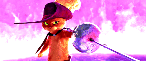 A Cat Wearing A Feathered Hat And Holding A Sword GIF