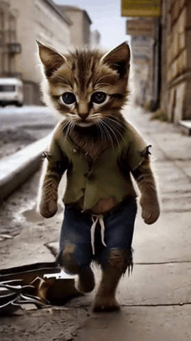 A Cat Wearing A Green Shirt And Blue Jeans Is Walking Down The Street GIF