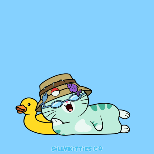 A Cat Wearing A Hat And Glasses Is Laying Next To A Yellow Rubber Duck And The Words Hello GIF