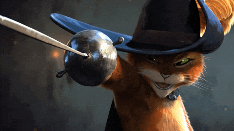 A Cat Wearing A Hat And Holding A Sword In Its Paw GIF