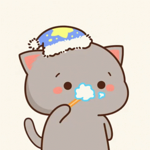A Cat Wearing A Hat Is Brushing Its Teeth With A Toothbrush . GIF