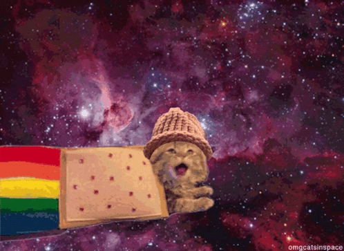 A Cat Wearing A Hat Is Flying Through Space With A Rainbow Flag GIF