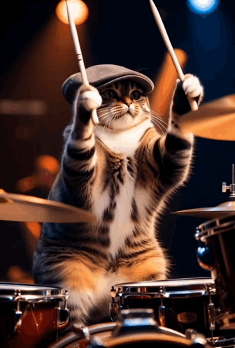 A Cat Wearing A Hat Is Playing Drums With Its Paws GIF