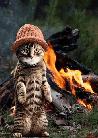A Cat Wearing A Hat Standing In Front Of A Fire GIF