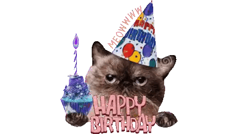 a cat wearing a party hat and holding a cupcake with the words happy birthday written below it