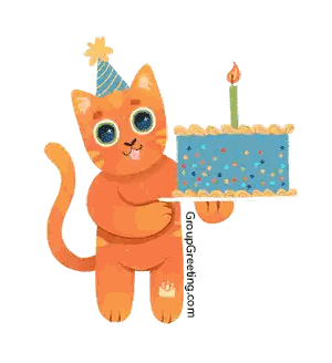 a cat wearing a party hat is holding a blue birthday cake