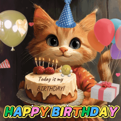 Cat Wearing Party Hat Holding Gift And Cake GIF