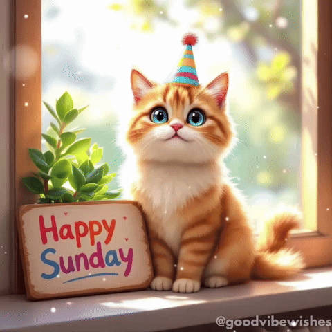 A Cat Wearing A Party Hat Sits Next To A Happy Sunday Sign GIF