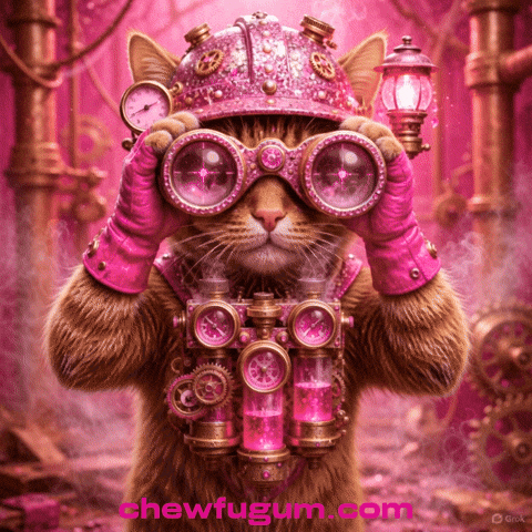 A Cat Wearing A Pink Helmet And Goggles Looks Through Binoculars With The Words Chewfugum.com Below It GIF
