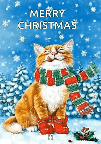 A Cat Wearing A Scarf And Boots Is Sitting In The Snow On A Merry Christmas Card . GIF