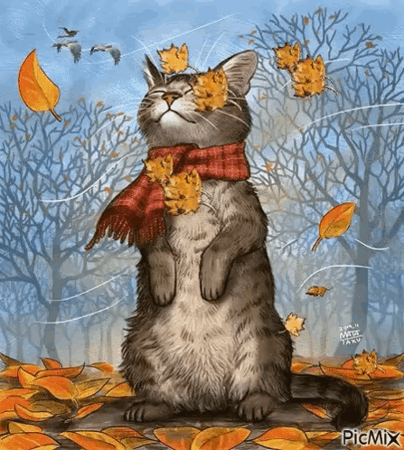 A Cat Wearing A Scarf And Leaves On Its Face Is Standing In A Pile Of Leaves In A Forest . GIF
