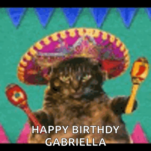 A Cat Wearing A Sombrero Is Holding A Maraca And A Happy Birthday Message . GIF