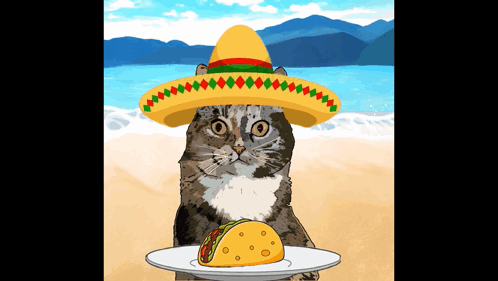 A Cat Wearing A Sombrero Is Holding A Plate Of Tacos GIF
