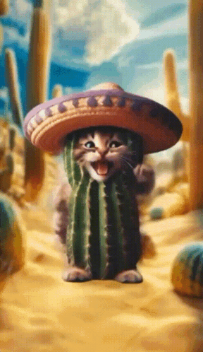 A Cat Wearing A Sombrero On Top Of A Cactus In The Desert GIF