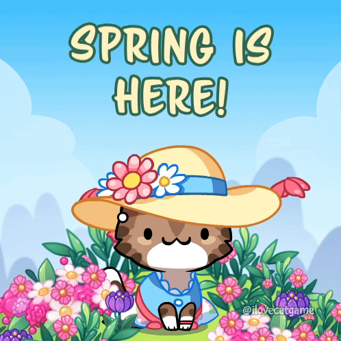 A Cat Wearing A Straw Hat With Flowers On It Is Surrounded By Flowers And Says Spring Is Here GIF