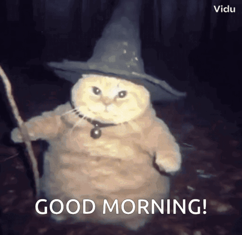 A Cat Wearing A Witch Hat And Holding A Cane With The Words Good Morning Below It GIF