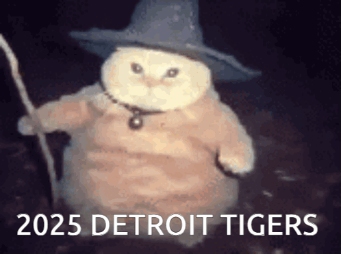 A Cat Wearing A Wizard Hat And Holding A Cane With The Words 2025 Detroit Tigers GIF