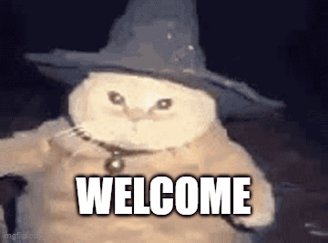 A Cat Wearing A Wizard Hat Is Holding A Cane And Saying Welcome . GIF
