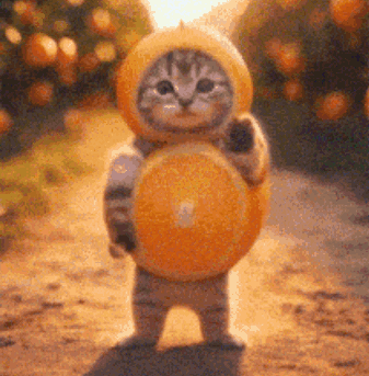 A Cat Wearing An Orange Hat Is Holding An Orange Slice . GIF