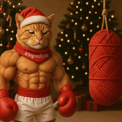 A Cat Wearing Boxing Gloves And A Santa Hat Stands Next To A Red Yarn Bag GIF