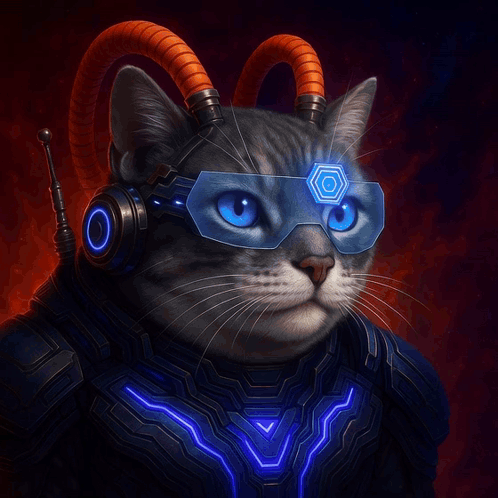 A Cat Wearing Futuristic Glasses And Headphones With The Words " Proof Of Hold " On It GIF