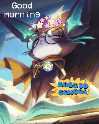 a cat wearing glasses and a badge that says good joy